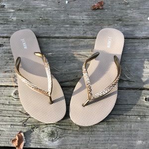 J.CREW TAN/GOLD RHINESTHONE FLIP FLOPS